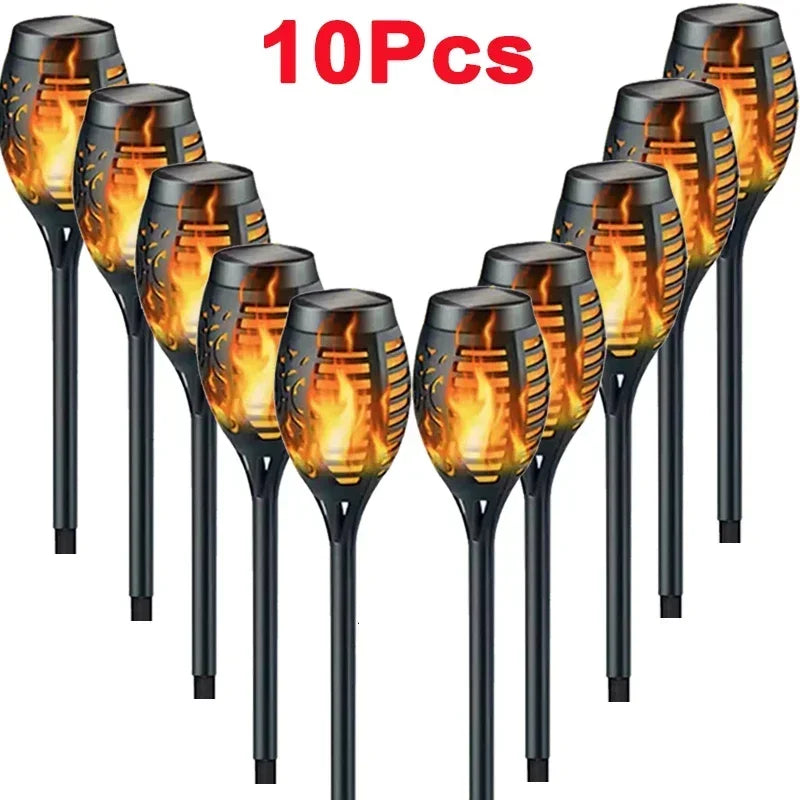 Ten solar flame torch lights for garden, patio, and pathway decoration