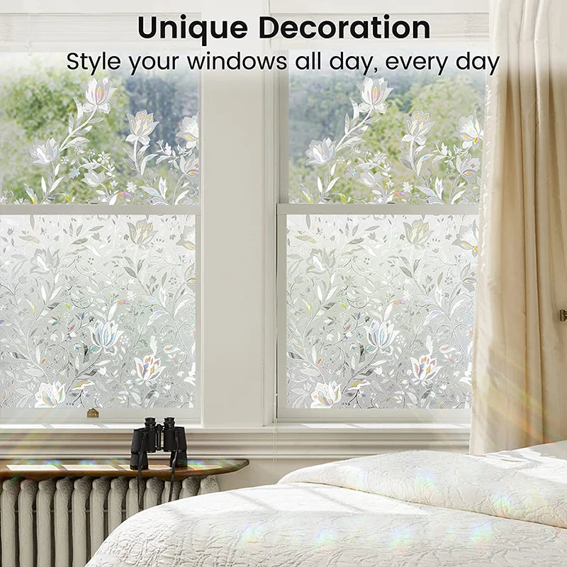 Decorative stained glass window film covering a window with floral patterns, used for unique home decor.