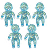A set of six translucent blue glitter squishy stress relief toys shaped like babies.