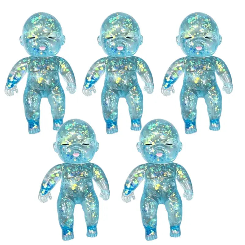 A set of six translucent blue glitter squishy stress relief toys shaped like babies.