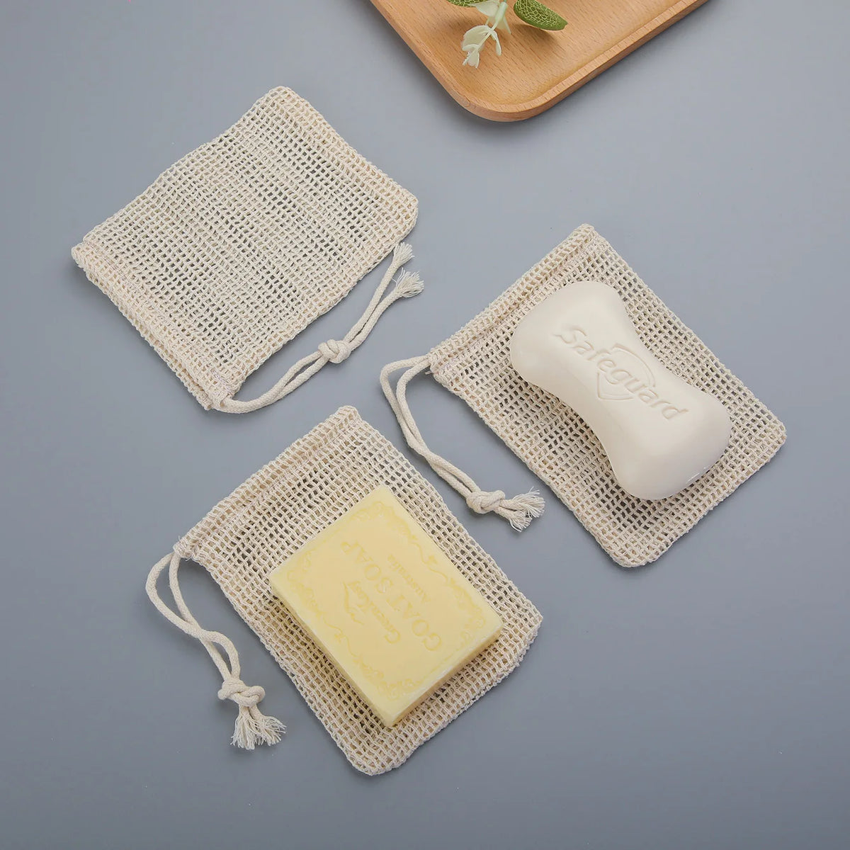 Set of 3 Natural Cotton Soap Saver Bags with Drawstring