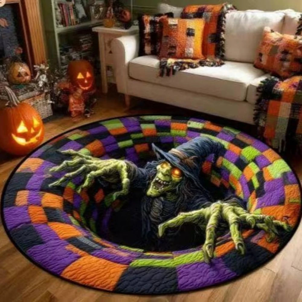 A round rug featuring a green, monstrous skull design with purple and orange geometric patterns.