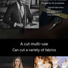 A pair of designer tailor shears with a handle and blades shown next to various fabrics.