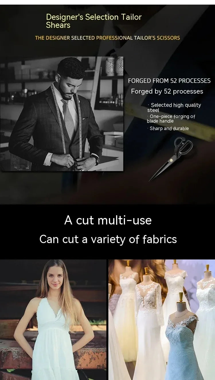 A pair of designer tailor shears with a handle and blades shown next to various fabrics.