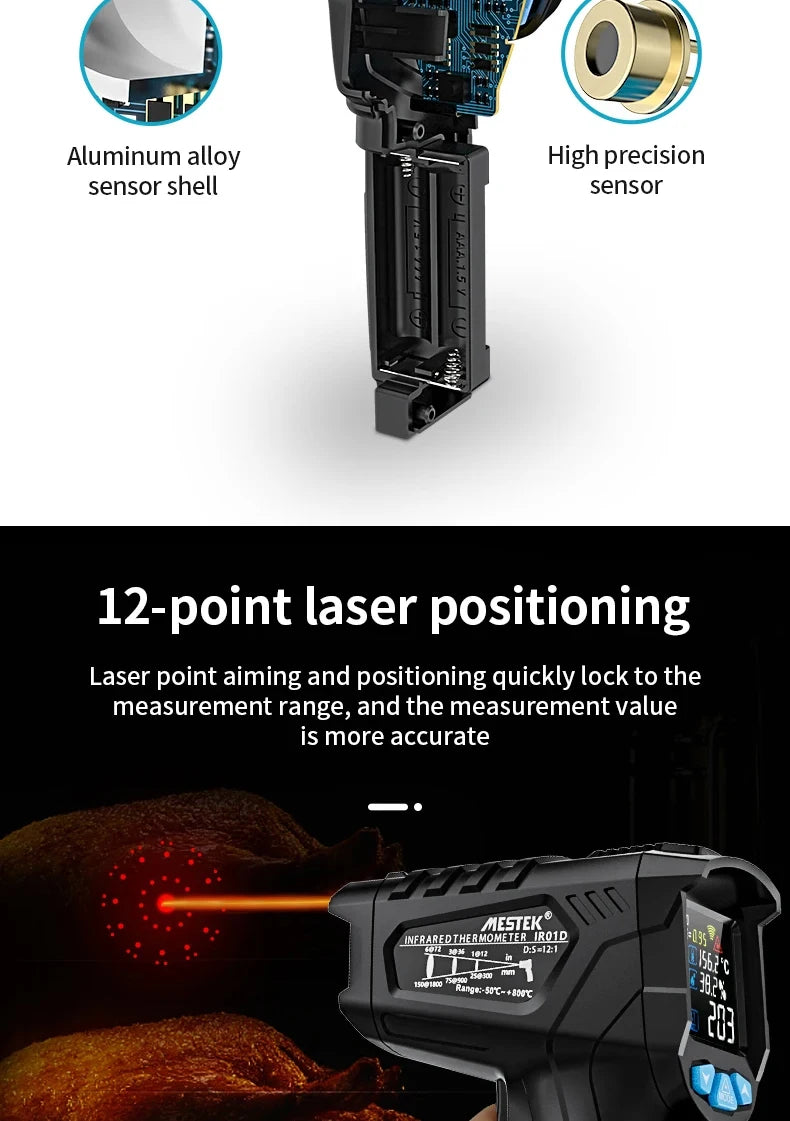 A black digital infrared thermometer with a laser pointing at a dark surface.
