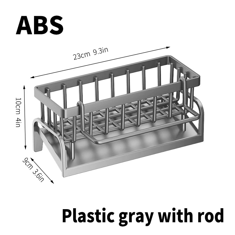 A gray plastic sink organizer rack with rods and a drainage tray.