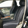 Interior view of a car seat with a two-tone gray and black fabric cover installed on the seat.
