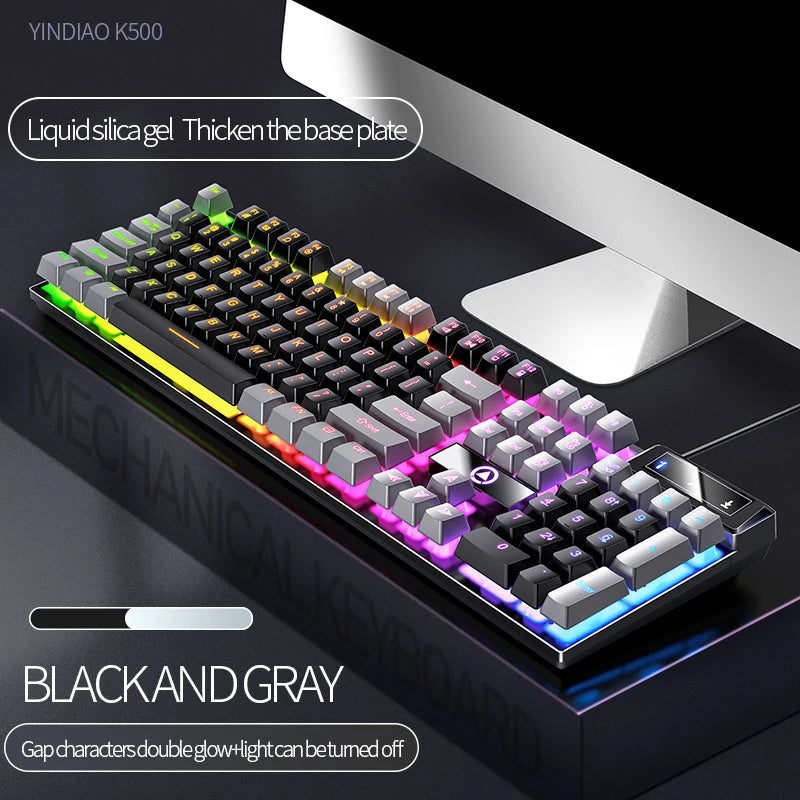 Black and gray Yindiao K500 mechanical keyboard with liquid silica gel thickening the base plate