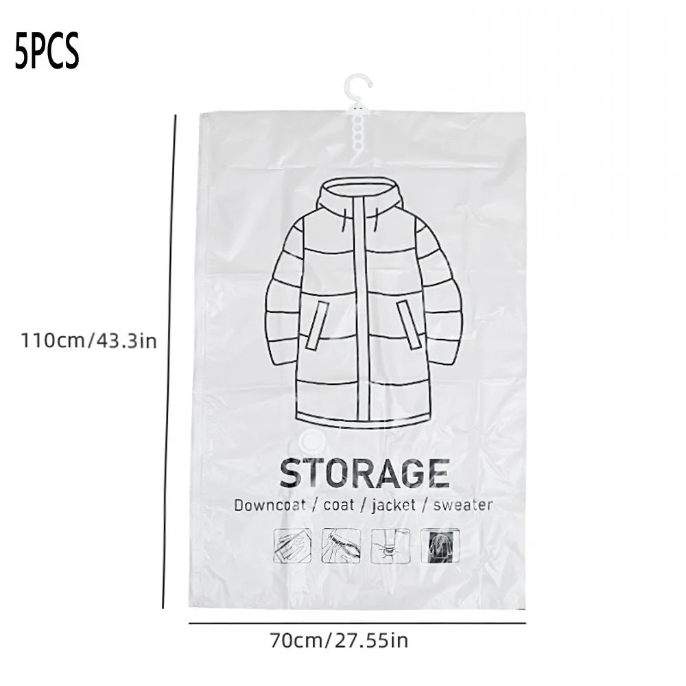 Five pieces of hanging vacuum storage bags for clothes shown against a white background.
