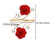Red fabric rose pattern curtain tiebacks with gold wire stems and pearl accents