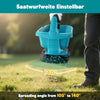 A person is using a blue cordless handheld spreader to spread seeds, demonstrating a 140 degree spreading angle.