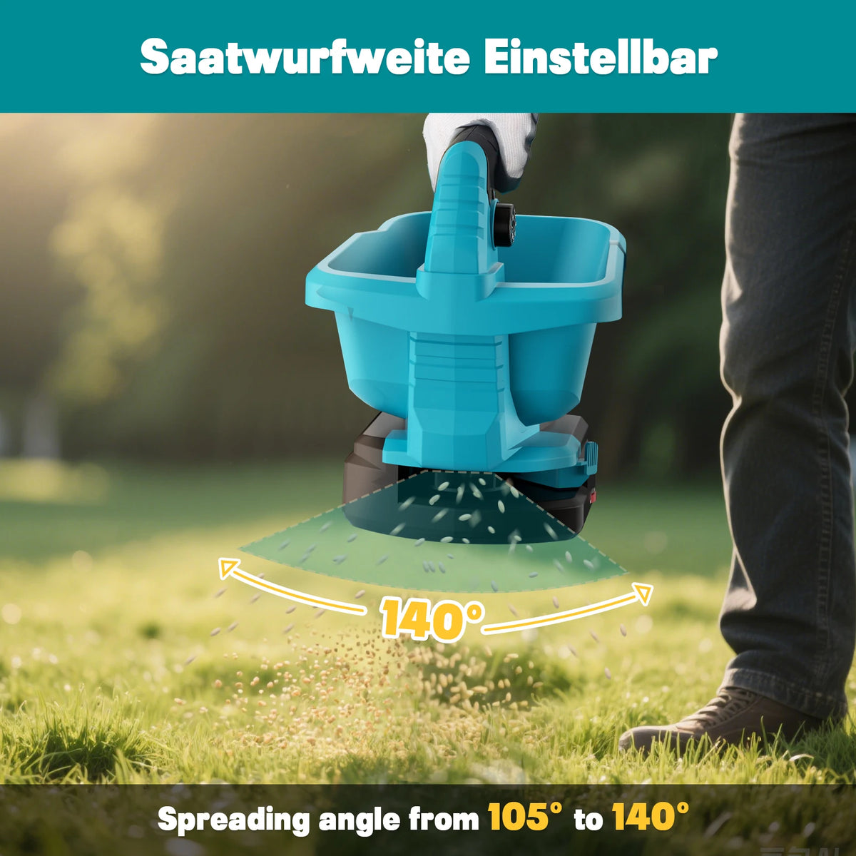 A person is using a blue cordless handheld spreader to spread seeds, demonstrating a 140 degree spreading angle.