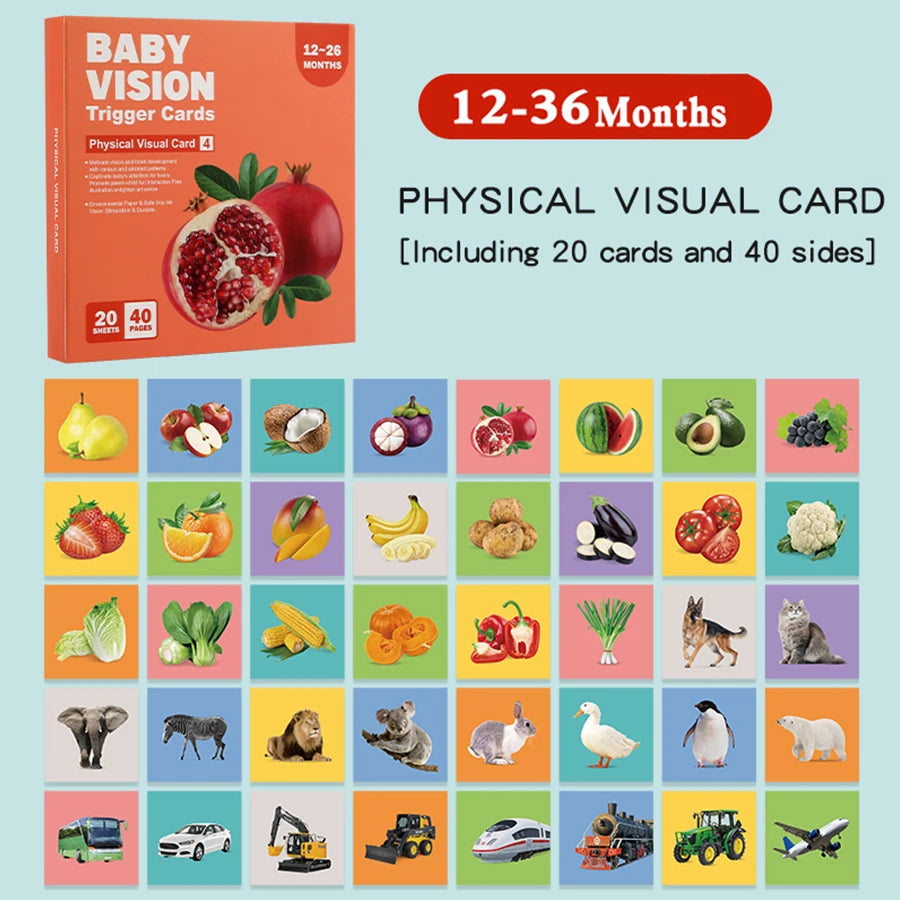 A set of 20 physical visual cards for baby visual stimulation featuring various fruits, vegetables, and animals.