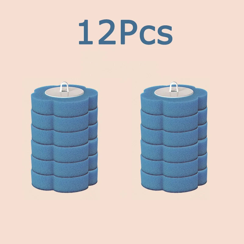 Twelve blue disposable toilet brush and holder sets.