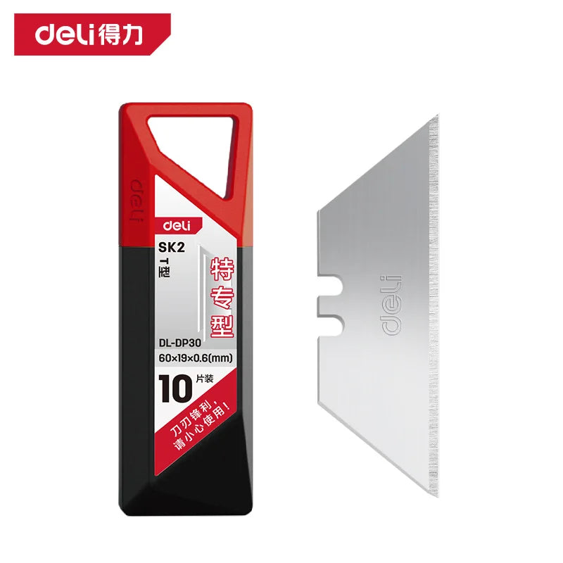 A black and red utility knife blade with a T-shape handle and packaging information is shown next to the blade itself.