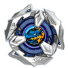 A silver metal spinning top featuring a blue dragon design in the center.