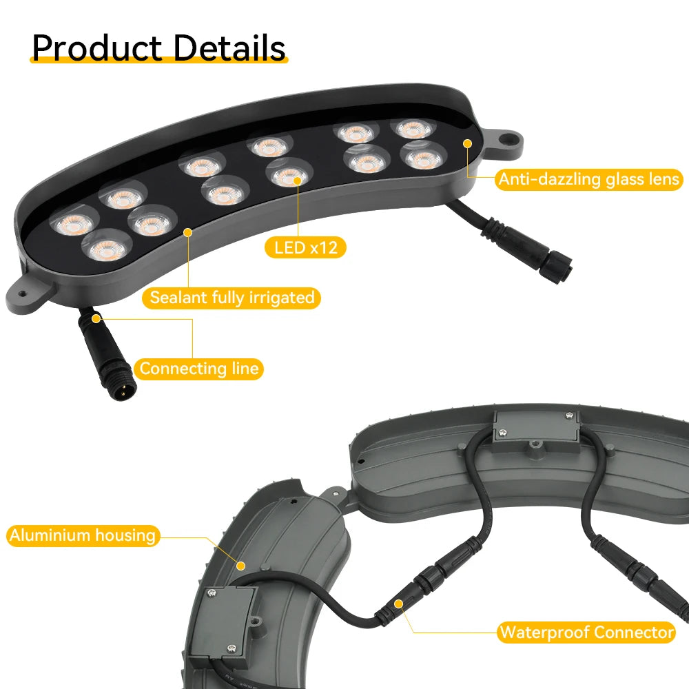 A black LED garden light featuring twelve LED bulbs, an aluminum housing, and a waterproof connector.