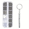 A clear plastic case containing various precision tools and replacement parts for glasses repair, including a metal ring and 