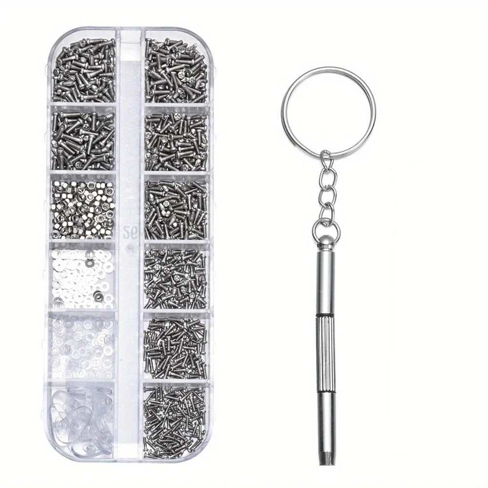 A clear plastic case containing various precision tools and replacement parts for glasses repair, including a metal ring and 
