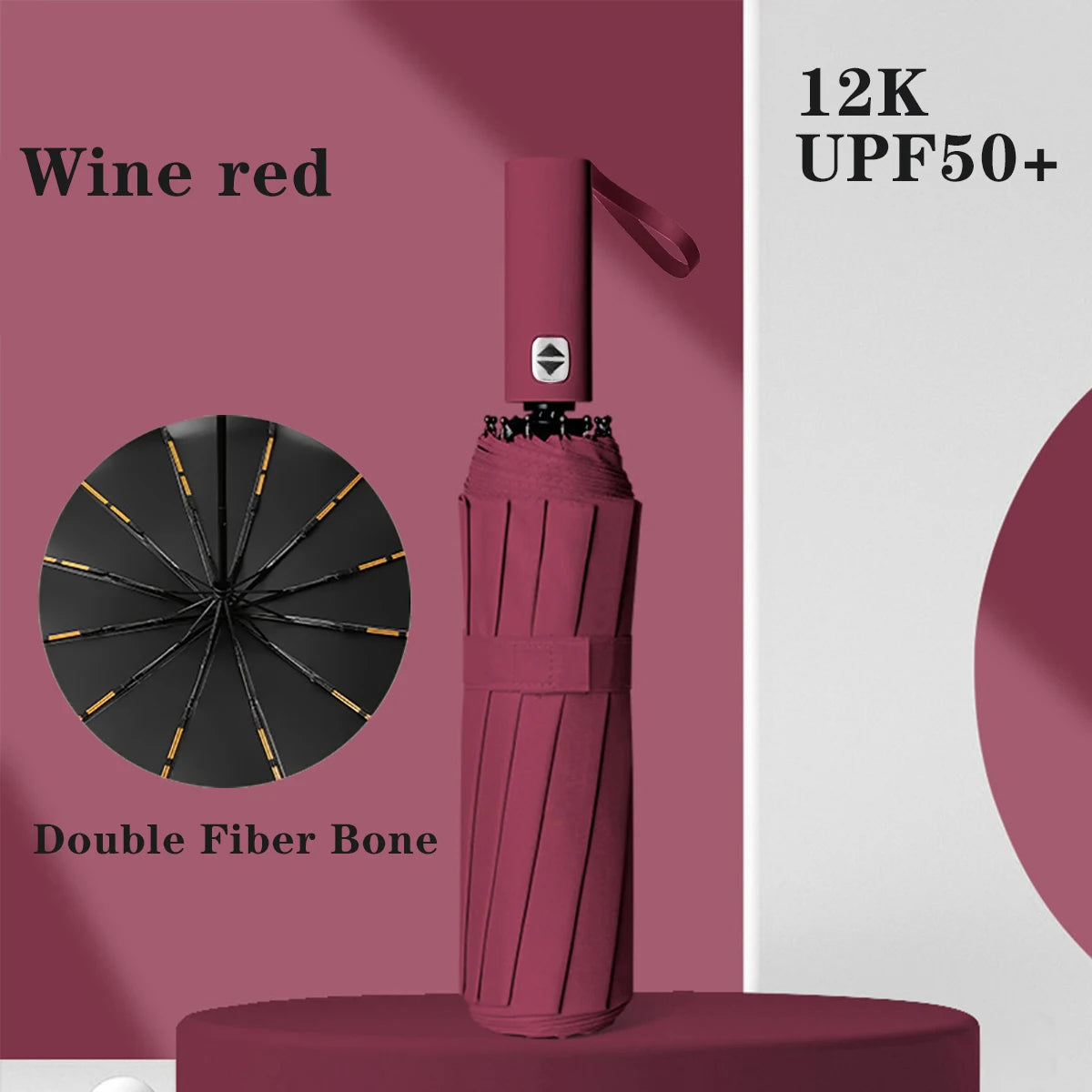 A pink automatic compact folding umbrella with a black dome and double fiber bone, shown against a maroon background.