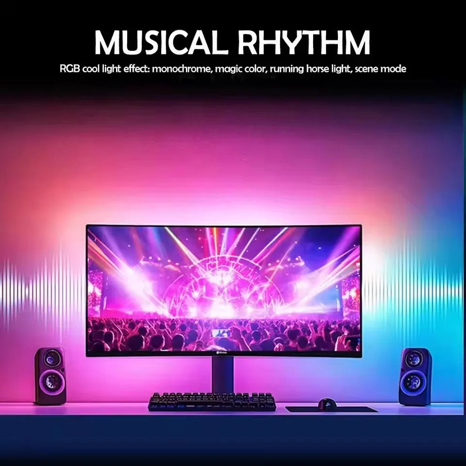 A computer monitor displaying a vibrant concert scene with bright lights and a crowd, set against a purple background.