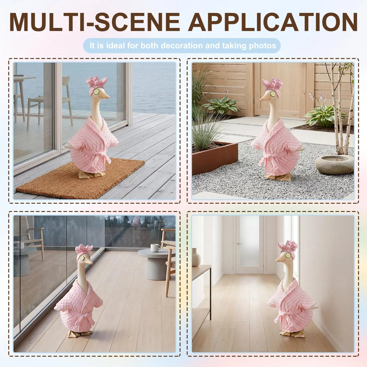 A multi-scene application showing a pink garden goose costume set in various outdoor and indoor settings.