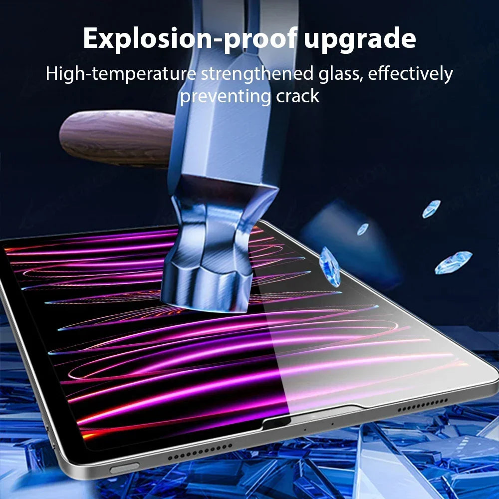 A close-up of a tablet screen being protected by an explosion-proof upgrade glass, showing bright purple light patterns on th