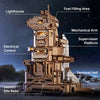 A detailed wooden space shuttle model kit with various features like a lighthouse, fuel filling area, and mechanical arm on a