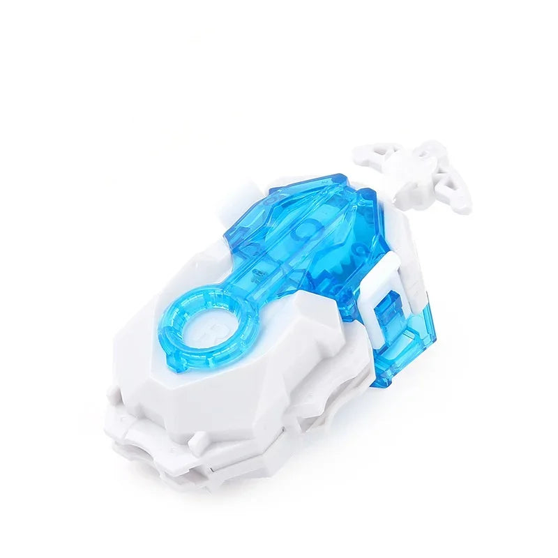 A blue and white battle spinning top with metal construction.