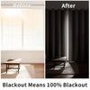 Before and after comparison showing double-layer blackout curtains with thermal insulation blocking sunlight.