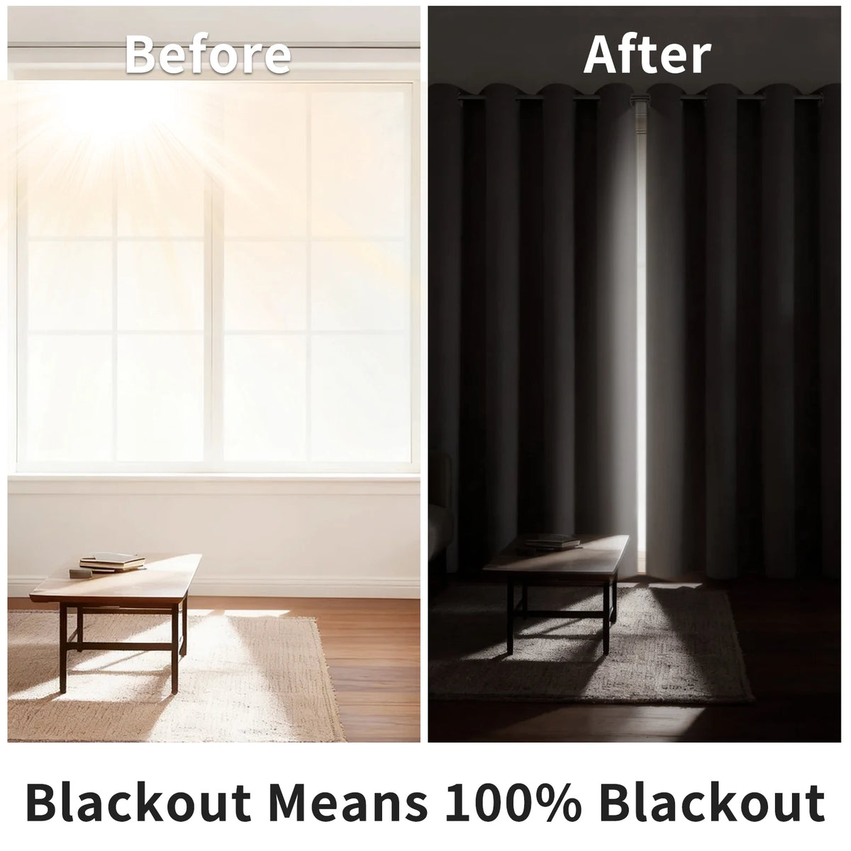 Before and after comparison showing double-layer blackout curtains with thermal insulation blocking sunlight.