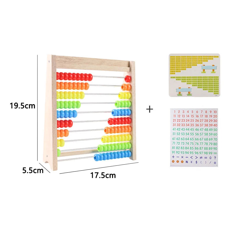 Wooden rainbow counting abacus with colored beads and a mathematical symbol chart