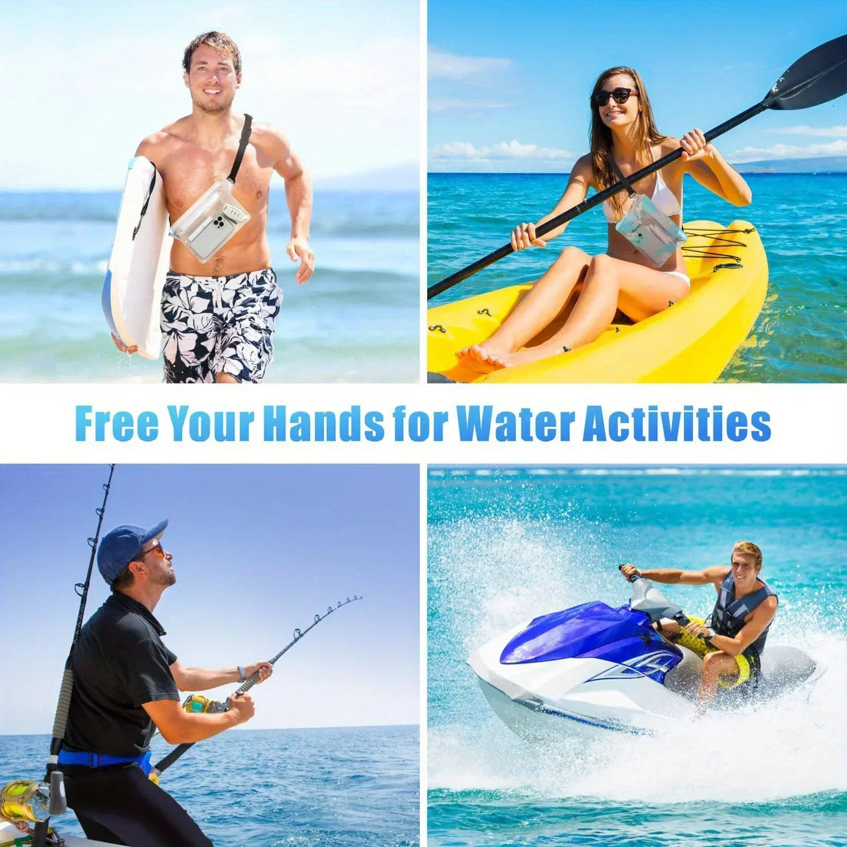 A man and a woman enjoying water activities, featuring a waterproof phone waist pouch.