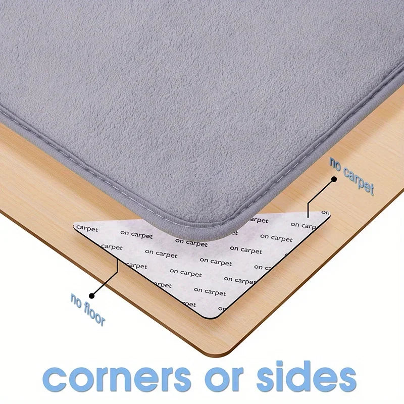 Reusable non-slip rug grippers shown demonstrating use on corners or sides of a hard floor.