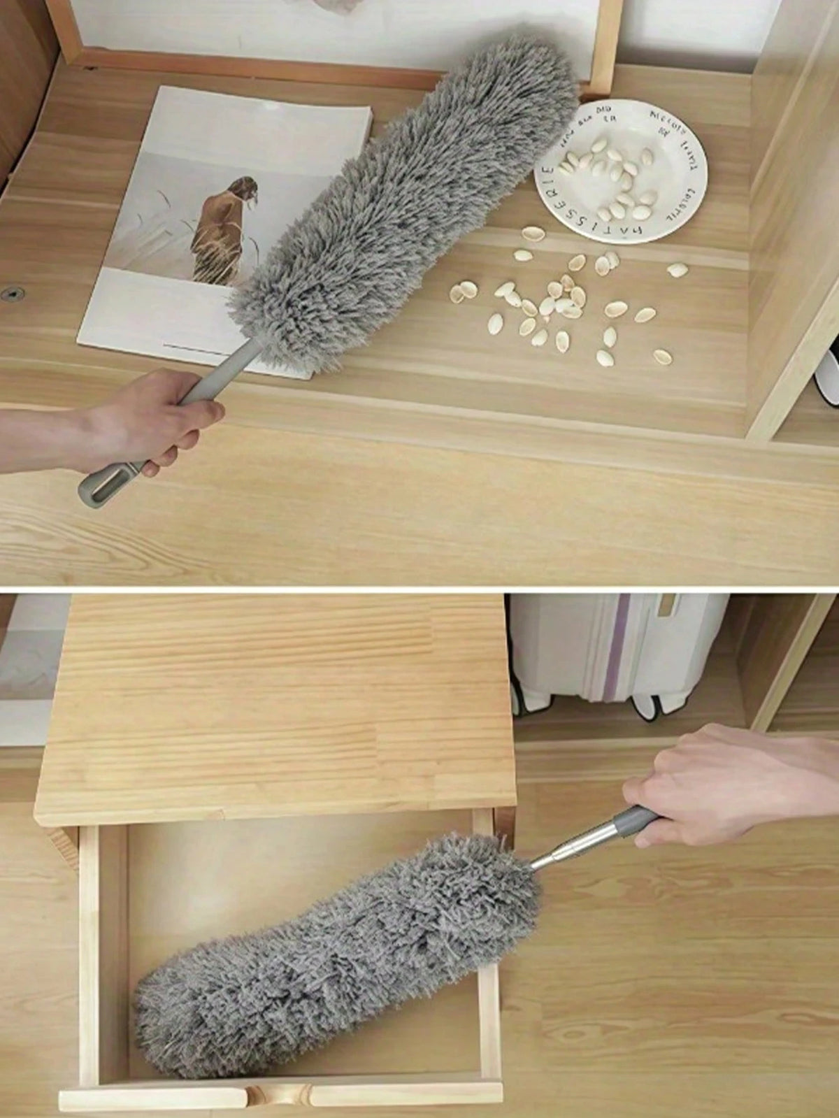 A hand is using a flexible microfiber duster to clean inside a wooden box or drawer.