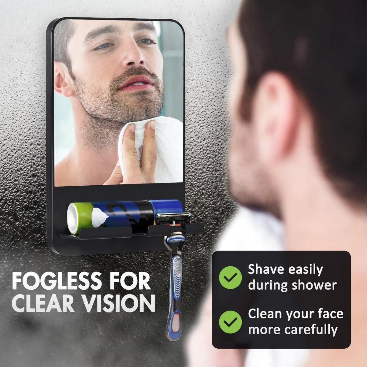 A fogless shower mirror with a razor holder is shown next to a person shaving their face.