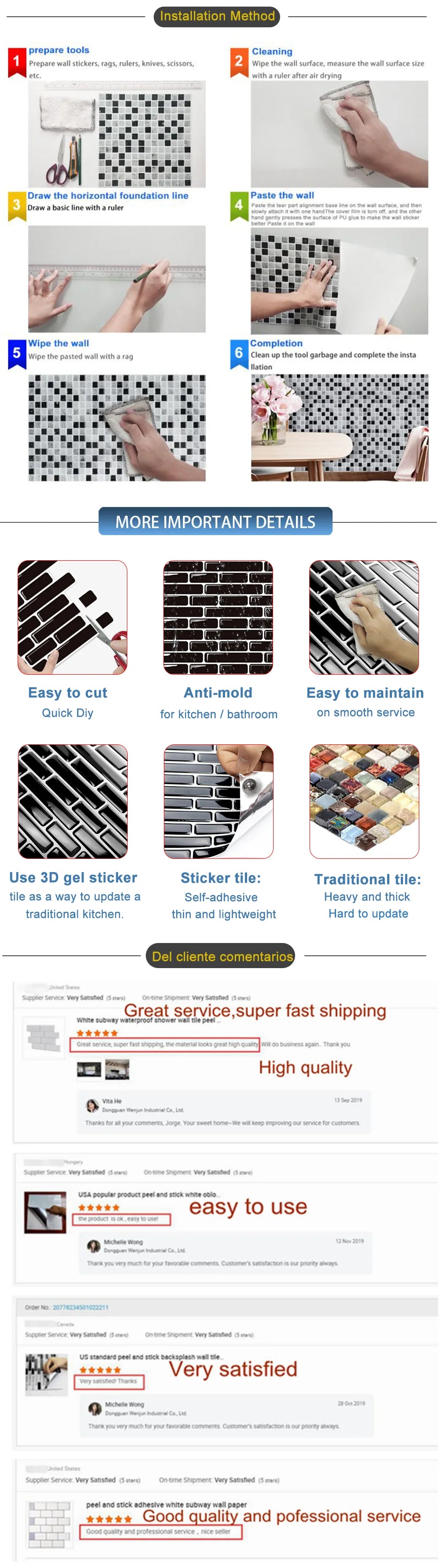 Installation method showing steps for applying premium thick peel-and-stick 3D backsplash tiles