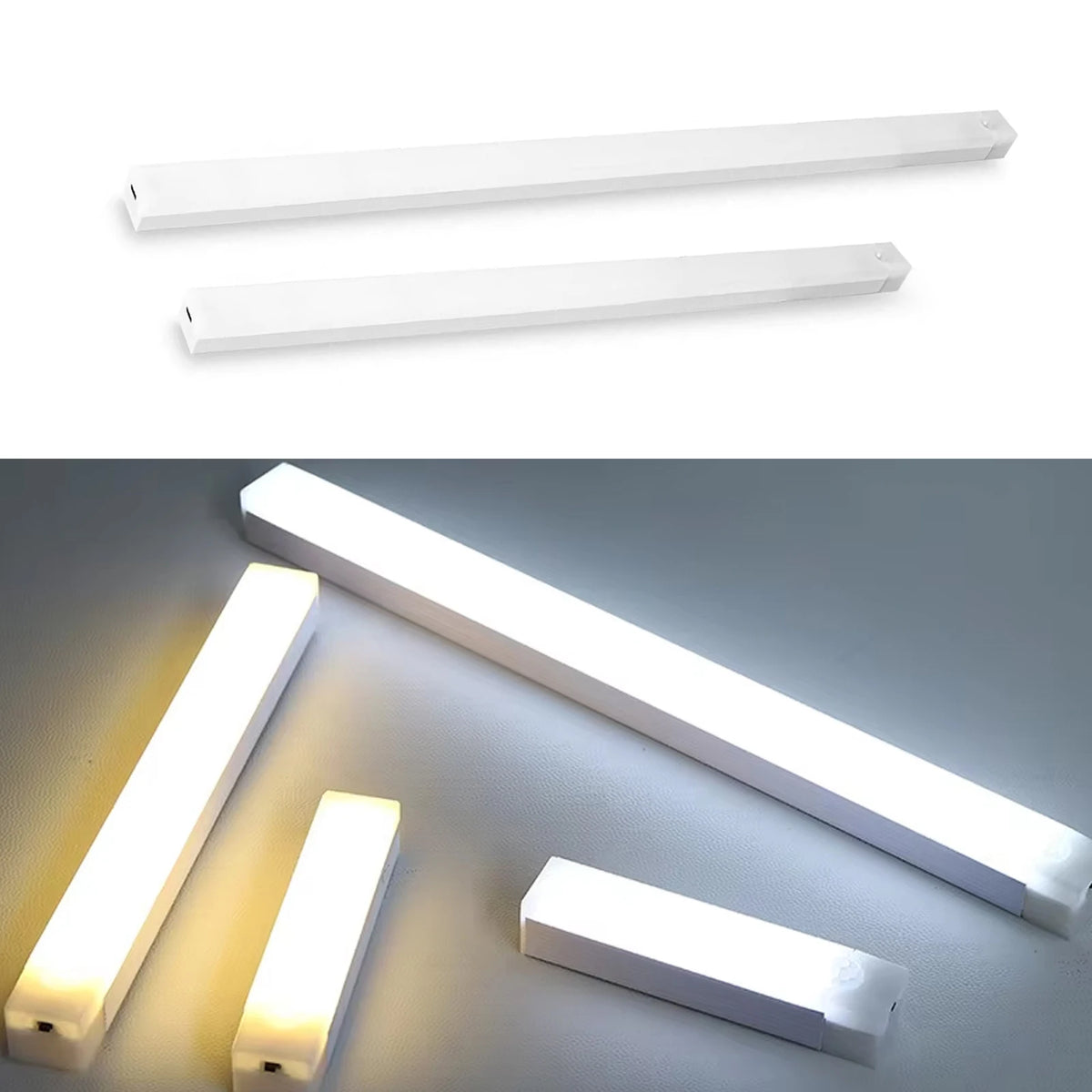 A white motion-activated USB rechargeable LED cabinet light shown in various orientations.
