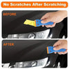 Demonstration showing a plastic razor blade scraper removing scratches from a car surface before and after use.