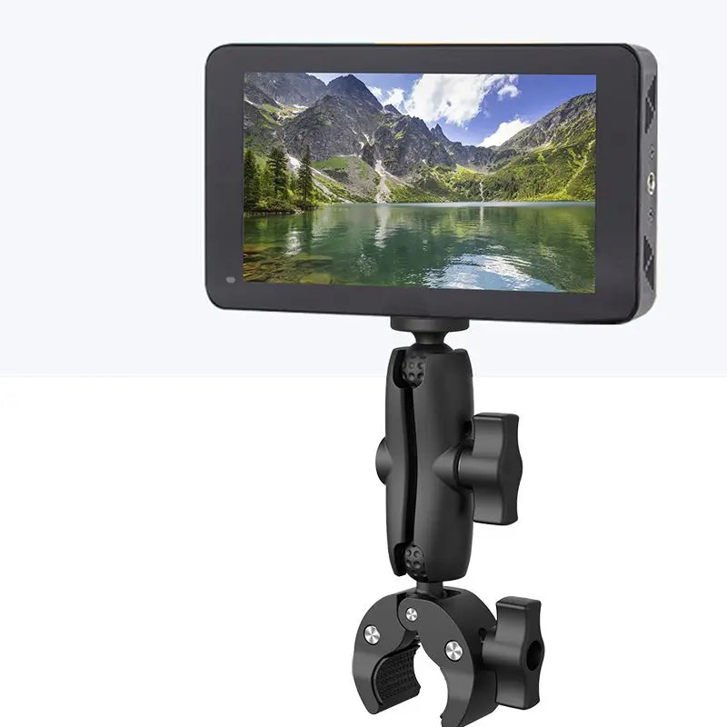 Black universal action camera clamp mount designed for bike and motorcycle handlebars.