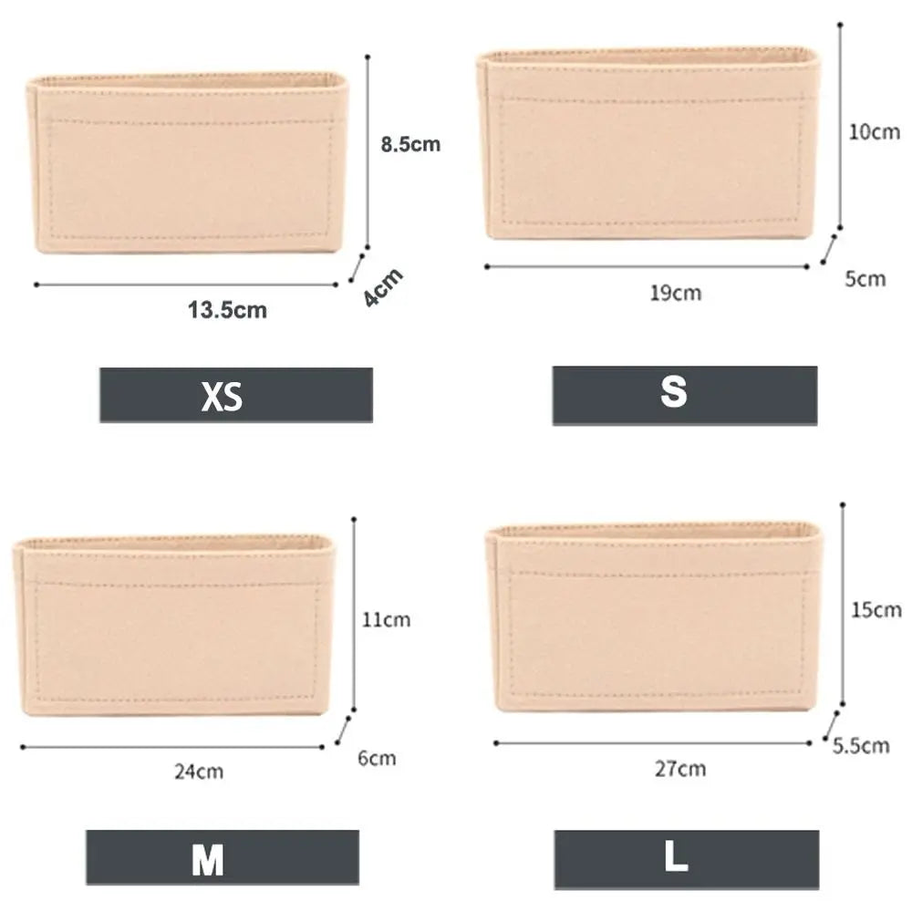 A set of soft felt handbag organizer inserts in various sizes XS, S, M, and L, showing dimensions for each.