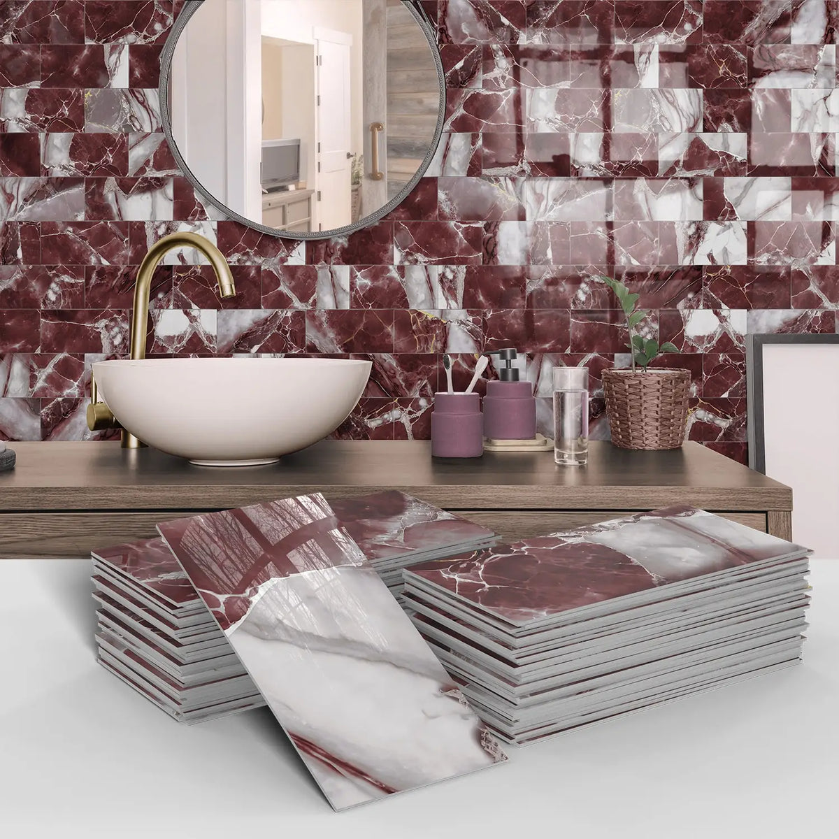 A display of marble self-adhesive wall stickers in various shades and patterns for kitchen and bathroom decor.