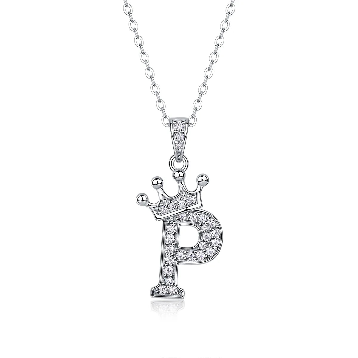 A sterling silver moissanite letter P pendant necklace with a crown design.