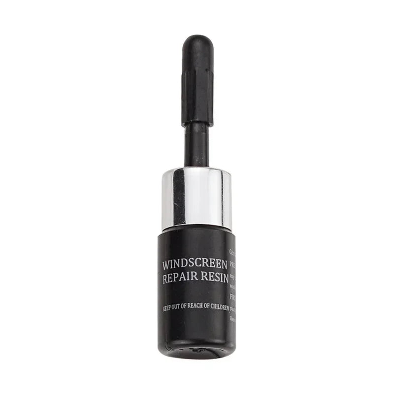 A black glass repair resin kit with a silver applicator tip.