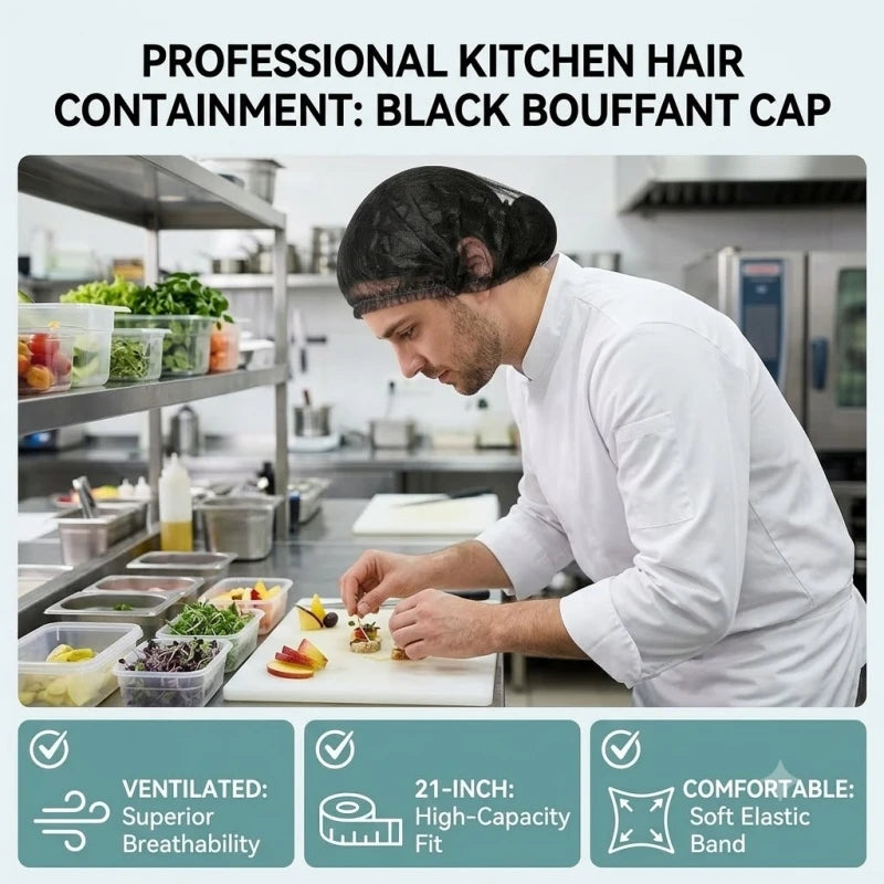 A man is using a black bouffant hair containment cap in a professional kitchen setting.