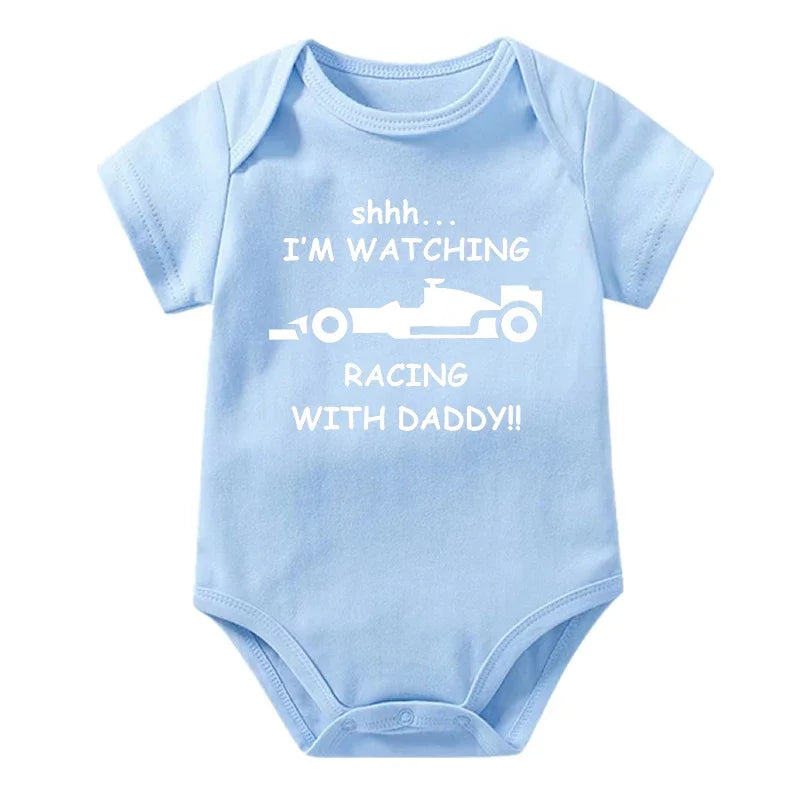 Funny Racing Baby Bodysuit - 'Watching Racing with Daddy' Newborn Romper