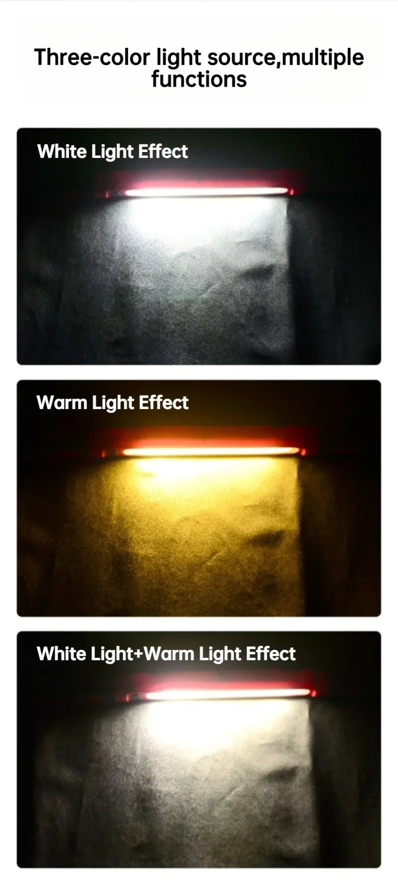 Three light effects demonstrating white, warm, and combined light output from a magnetic rechargeable COB work light.