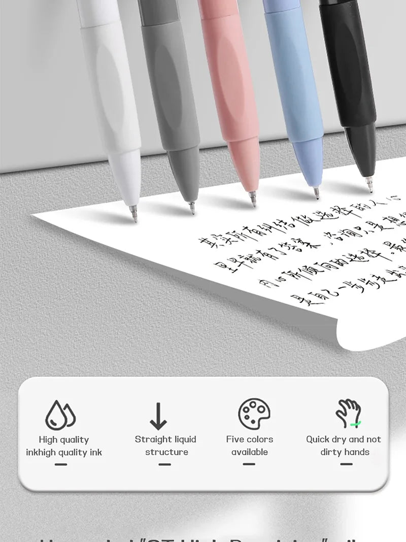 A display of five pack retractable gel pens in various colors, showing their fine point tips and ink quality features.