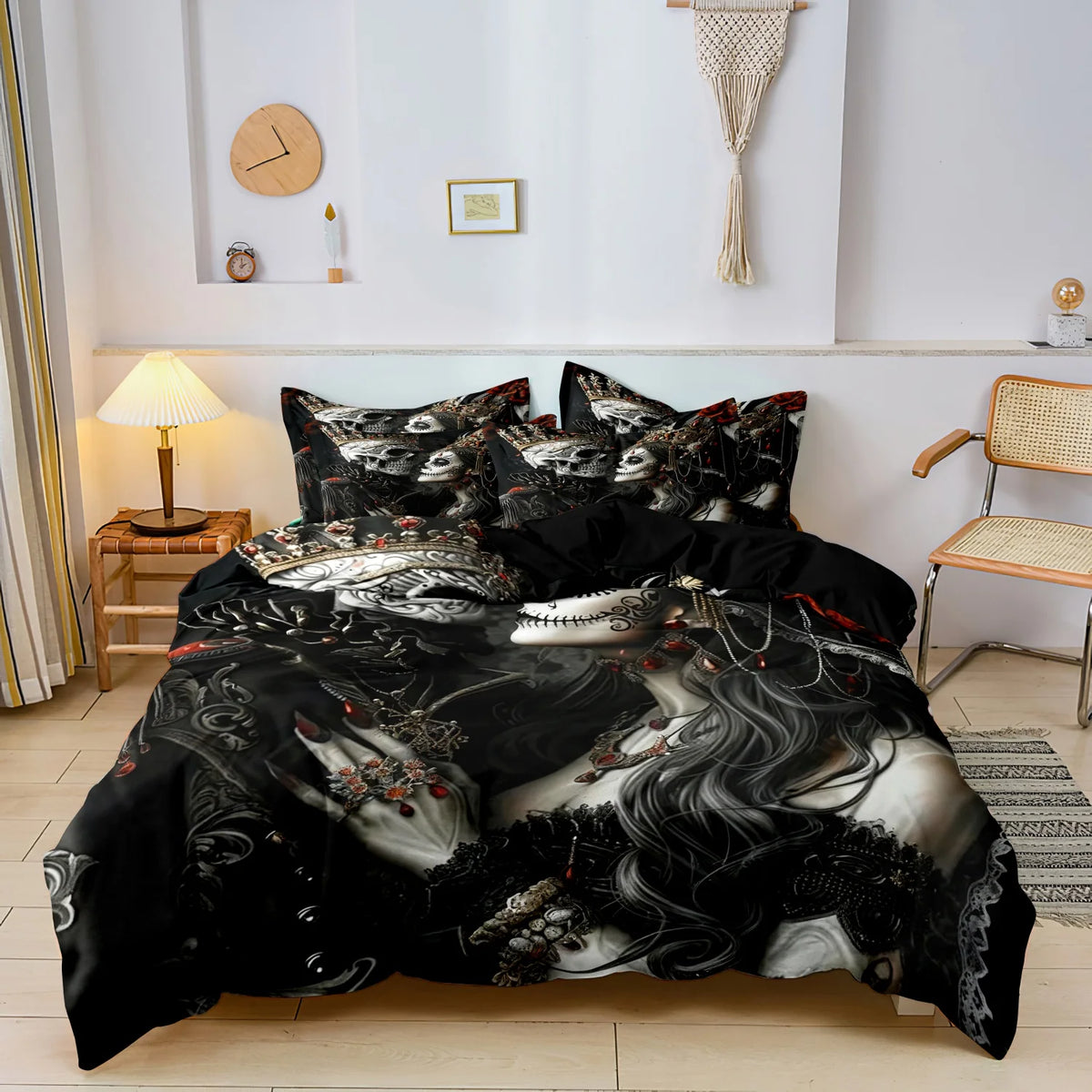 Black duvet cover featuring a detailed sugar skull design with floral accents on a bed.