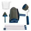 A set of eight self-priming paint rollers and related tools for wall painting.